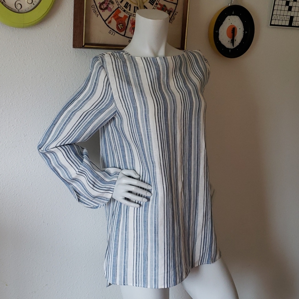 NWT Worth New York 100% Linen Striped Tunic Blouse Small Chambray Long Sleeve